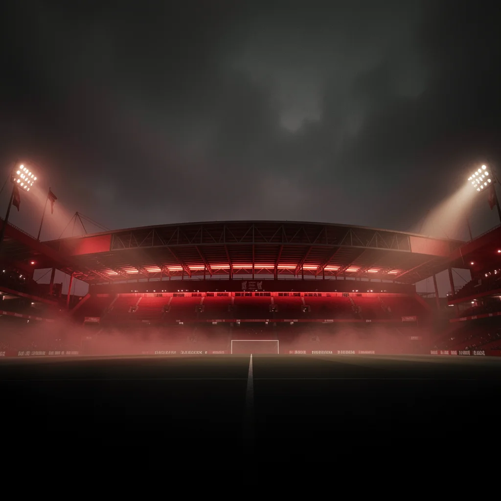 Anfield under floodlight, two eras suggested through light and shadow